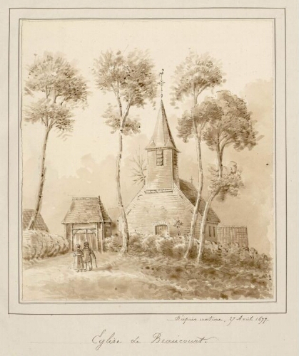 Église de Beaucourt. - Aquarelle d'Oswald Macqueron, d'après nature, 27 avril 1877.