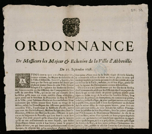 affiche Ancien Régime Ordonnance de Messieurs les Majeurs et Echevins de la Ville d'Abbeville. Du 27 septembre 1758.