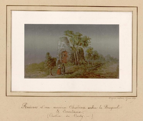 Ruines d'un ancien château entre Le Bosquel et Essertaux (canton de Conty). - Photogravure tirée d’une aquarelle d’Oswald Macqueron, d'après nature, 12 juin 1867.