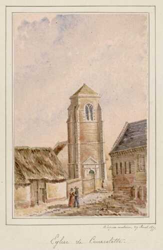 Église de Courcelette. - Aquarelle d'Oswald Macqueron, d'après nature, 29 avril 1877.