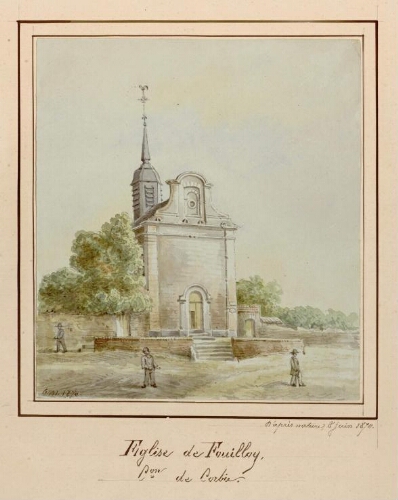 Église de Fouilloy (commune de Corbie). - Aquarelle d'Oswald Macqueron, d'après nature, 8 juin 1870.