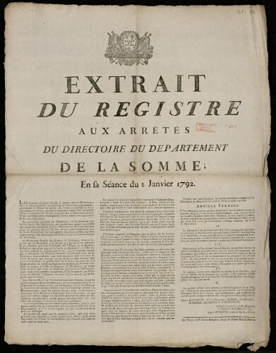 affiche révolutionnaire Extrait du registre aux arrêtés du Directoire du département de la Somme, en sa séance du 2 janvier 1792.