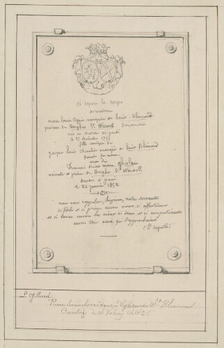 Pierre tumulaire dans l'église de St Blimond : canton de Saint-Valery-sur-Somme. Tombe de Marie Louise Agnès, Marquise de St Blimond, Princesse de Berghes Saint Winock. - Dessin de L. Gillard.