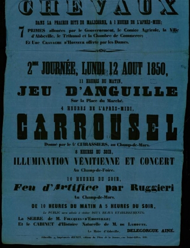 affiche 1800-1865 Ville d'Abbeville : Fêtes publiques 11-12 août 1850.