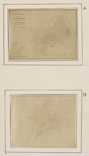 A) Plan topographique de la commune d'Aumâtre dressé en 1883 pour la société des Antiquaires de Picardie par J. de Valois. - Photogr. B) Plan topographique de la commune de Oisemont : dressé pour la société des Antiquaires de Picardie par J. de Valois. - Photogr.