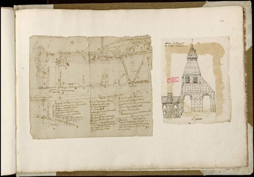 A) Portion de plan d’Abbeville B)  Clocher de St Pierre vu du côté des Carmes 