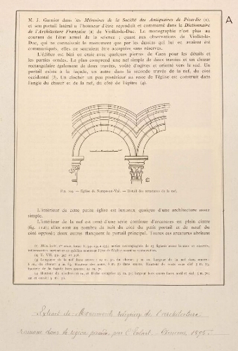 Eglise de Namps-au-Val. Détail de la nef. - Extrait de "Monuments religieux de l'architecture romane dans la région picarde  » par C. Enlart, Amiens, 1895. -Nota : Namps-au-Val est une ancienne commune française de la Somme qui fusionna administrativement avec 3 autres : Namps-au-Mont, Taisnil et Rumaisnil pour constituer Namps-Maisnil le 28 décembre 1972.