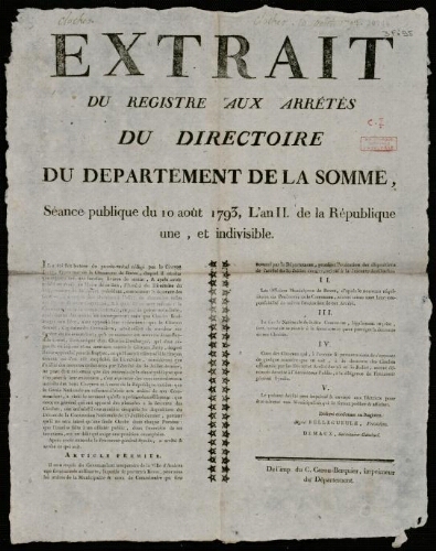 affiche révolutionnaire Extrait du registre aux Arrêtés du Directoire du département de la Somme. Séance publique du 10 août 1793 ….