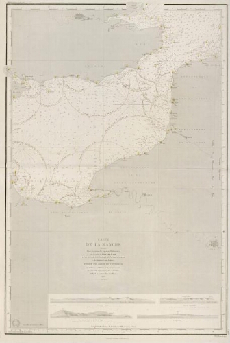 Carte de la Manche : dressée d'après les travaux des Ingénieurs-Hydrographes, sous les ordres de M. Beautemps-Beaupré, la carte des sondes faites en 1840 par M. Le Saulnier de Vauhello, et les dernières cartes anglaises. Publiée par ordre de l'Empereur, sous le Ministère de S.E. Mp l'Amiral Rigault de Genouilly, Sénateur, Secrétaire d'Etat au Dépt de la Marine et des Colonies. Au dépôt des Cartes et Plans de la Marine, 1867.