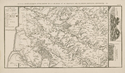 Carte topographie et géologique de la Picardie, XVIIIe siècle. Feuille minéralogique d'une partie de la Picardie où se trouvent Cressy, Hesdin, Doulens, Montreuil &c. Accompagnée d'une vue et perspective de la côte chyteuse (schisteuse) de Pernes en face du moulin de la Ferté et d'une coupe d'une portion de la côte chyteuse (schisteuse) de Pernes où l'on voit des pierres irrégulièrement rangées au-dessous du terreau.