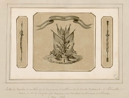 En-tête du Registre de contrôle de la Compagnie d'artilleurs de la garde nationale d'Abbeville. - Dessin de M. de Longchamps, commis à la direction des Douanes d'Abbeville (vers 1836).