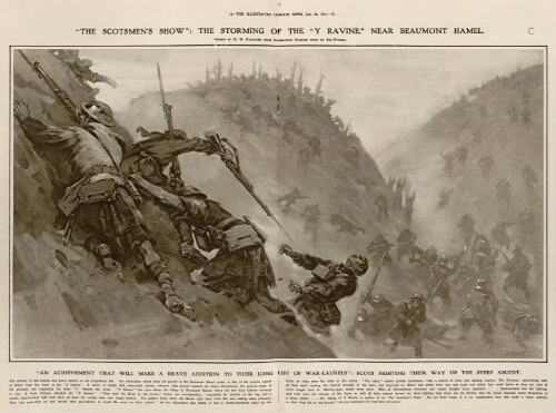 The scotmen's show : the storming of the "Y ravine" near Beaumont Hamel. - Drawn by H. W. Koekkoek from information received from an eye-witness. - Extr. de "The Illustrated London News", jan. 20, 1917, p. 72-73.