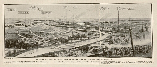 The village and height of Chipilly where the Germans made their strongest stand on august 8-9. - Drawn by R.M. Paxton. - Copyrighted in the U.S.A. Vue panoramique.