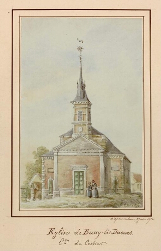 Église de Bussy-lès-Daours (canton de Corbie). - Aquarelle d'Oswald Macqueron, d'après nature, 8 juin 1870.