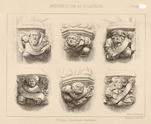 XVIe siècle - Église de Folleville - Culs de lampe - Marmousets. - Imp. Vieillemard et ses Fils, Paris (Extrait d'"Architecture et sculpture" - 5e année).