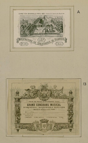 Exposition universelle Paris 1889, Classe 63 Galerie des Machines. Manufacture de serrurerie de Picardie. Diplôme du Grand concours musical de Friville Escarbotin en 1888