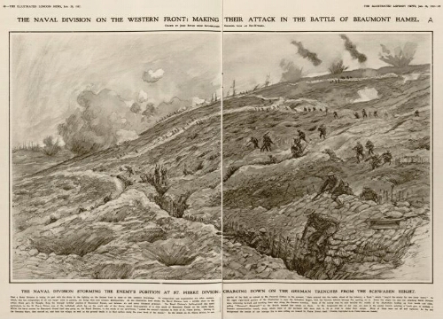 A) The naval division on the western front : making their attack in the battle of Beaumont Hamel. - Drawn by John Bryan from information received from an eye-witness. - Extr. de "The Illustrated London News", jan. 20, 1917, p. 68-69.