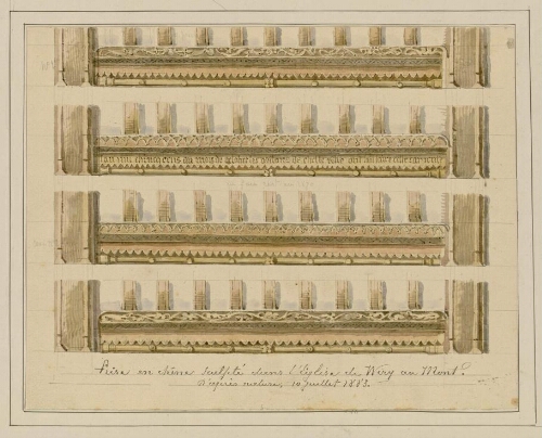 Frise en chêne sculpté dans l'église de Wiry au Mont. - Aquarelle d'Oswald Macqueron, d'après nature, 10 juillet 1883.