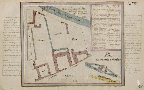 Plan de la Manufacture nationale de draps dite des Rames, 1849. Plan du moulin à foulons, chemin de Blangy sur la Bresle. - Échelle de 1/1250e.