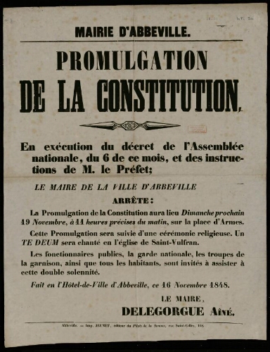 affiche 1800-1865 Mairie d'Abbeville : promulgation de la Constitution