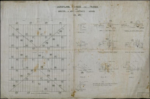 Cartes et Plans 1914-1918 Aeroplane sheds (hangars à avions) for France for Director of Army contracts, London, 80 off. - Traced by Sap S.E.B. R.M.R.E., N°1 SIEGE C°, feb. 1917.