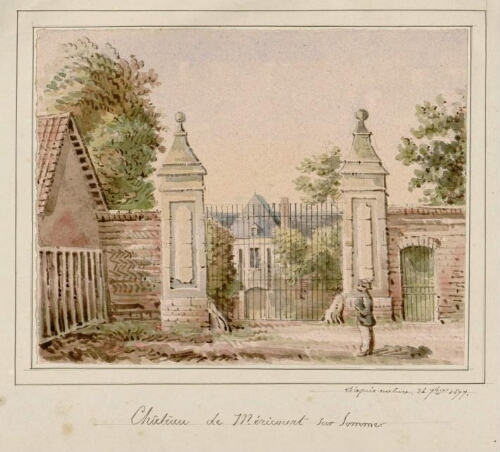 Château de Méricourt-sur-Somme. - Aquarelle d'Oswald Macqueron, d'après nature, 24 septembre 1877. - Nota : depuis le 1er janvier 2017, le regroupement des communes d’Etinehem et de Méricourt-sur-Somme a donné naissance à la commune nouvelle d'Étinehem-Méricourt.