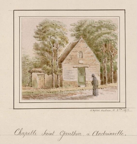 Chapelle Saint-Gauthier, à Andainville. - Aquarelle d'Oswald Macqueron, d'après nature, 11 oct. 1876.