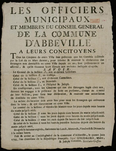 affiche révolutionnaire Les Officiers Municipaux et membres du Conseil Général de la Commune d'Abbeville à leurs Concitoyens.