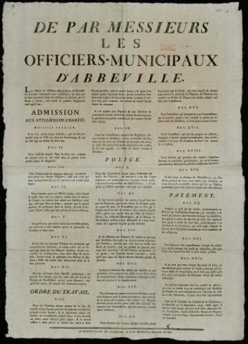 affiche révolutionnaire de par Messieurs les officiers-municipaux d'Abbeville : admission aux ateliers de charité.