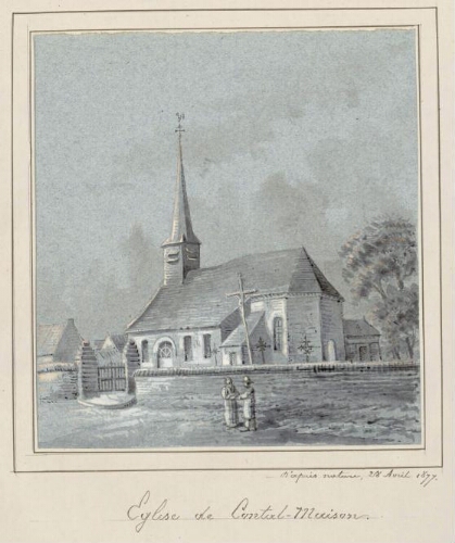 Église de Contal-Maison. - Aquarelle d'Oswald Macqueron, d'après nature, 28 avril 1877.