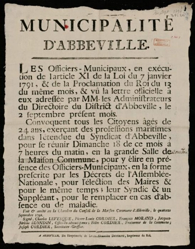 Affiche révolutionnaire. Municipalité d'Abbeville. Convocation de tous les citoyens âgés de 24 ans, exerçant des professions maritimes dans l’étendue du Syndicat d’Abbeville, pour élire leur Syndic.