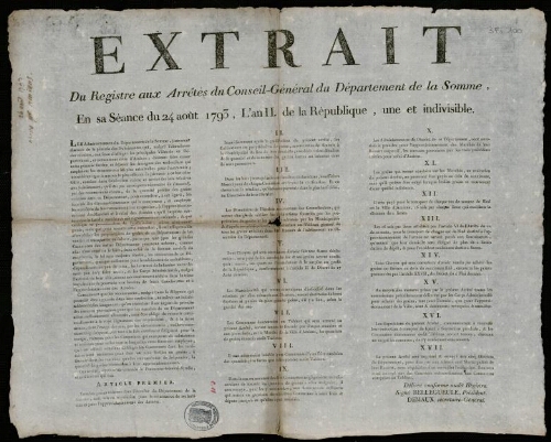 affiche révolutionnaire Extrait du Registre aux Arrêtés du Conseil-Général du Département de la Somme. En sa séance du 24 août 1793 ….