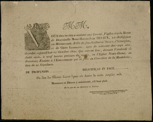 Faire-Part 1700-1799 : Enterrement de Marie-Marthe-Julie Devaux, ex-religieuse au Moraucourt, fille de Guillame Devaux, chirurgien et de Claire Lenormand. 13 octobre 1820