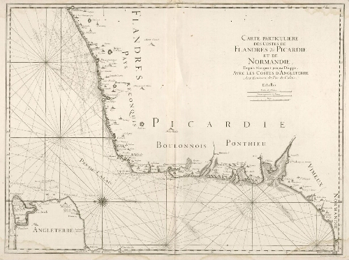 Carte particulière des costes de Flandres, de Picardie et de Normandie, depuis Nieuport jusqu'à Dieppe : avec les costes d'Angleterre aux environs du Pas de Calais. - Ecrit par C. Berey, rue St Jacques.