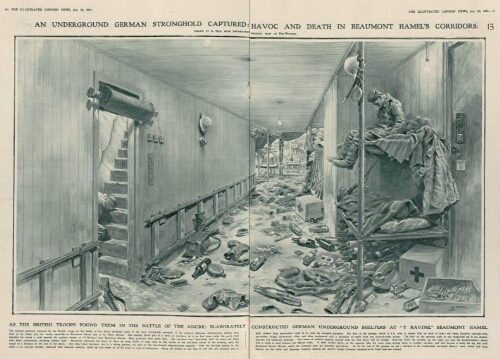 An unde rground german stronghold captured : havoc and de ath in Beaumont Hamel's corridors. - Drawn by S. Begg from information received from an eye-witness. - Extr. de "The Illustrated London News", jan. 20, 1917, p. 70-71.