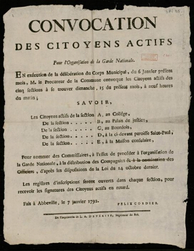 Affiche révolutionnaire. Convocation des citoyens actifs pour l'organisation de la Garde Nationale. - Fait à Abbeville, le 7 janvier 1792.