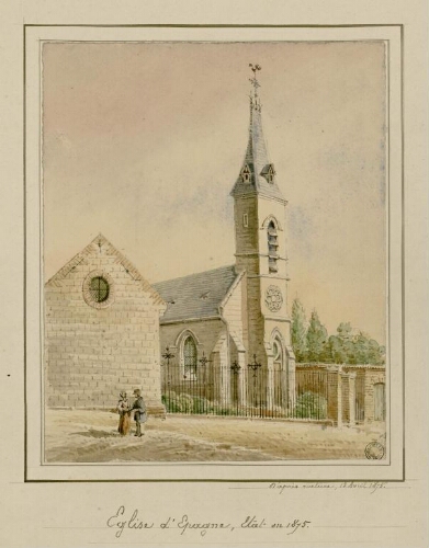 Église d'Epagne, état en 1875. - Aquarelle d'Oswald Macqueron d'après nature, 13 avril 1875.