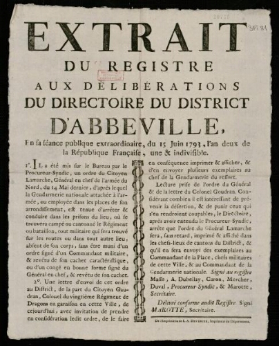 affiche révolutionnaire Extrait du registre aux délibérations du Directoire du District d'Abbeville. En sa séance publique Extraordinaire du 15 juin 1793, l’an de ux de la République française, une & indivisible.