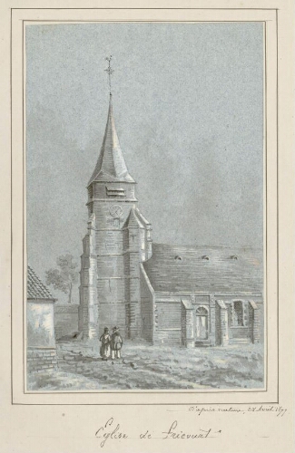 Église de Fricourt. - Aquarelle d'Oswald Macqueron, d'après nature, 28 avril 1877.