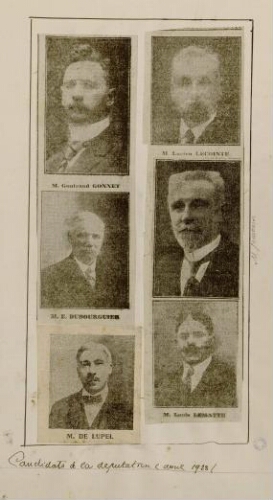 Candidats à la députation : 5 avril 1928 : M. Gontrand Gonnet ; M. E. Dubourguier ; M. de Lupel ; M. Lucien Lecointe ; M. Jourdain ; M. Louis Lematte.