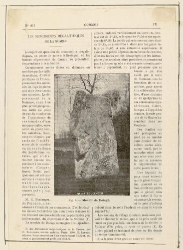 Menhir de Doingt Mégalithe. - Cliché de C. Boulanger. Extrait de l'article "Les monuments mégalithiques de la Somme" dans la revue "Cosmos", n°817, p. 371.