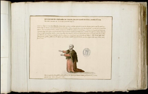 Explication des cérémonies de l’église, par Dom Claude de Ver, seconde édition. T. II, p. 493-494 et p. 340, planche VII, fig. 11 description du costume de curé Cordelier au XVe siècle : soutane rouge et aumuce, ou aumusse. Dessin réalisé à partir du portrait de Jean Galiot, curé de l’église Saint Eloy, mort en 1406, qui se trouvait à l'entrée de l’église Saint-Éloi d’Abbeville