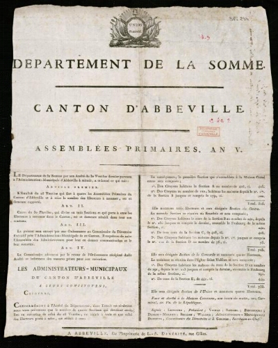 affiche révolutionnaire Département de la Somme : Canton d’Abbeville : Assemblées primaires, An V.