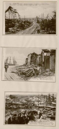 A) Guerre 1914-1916 : Bataille de la Somme : ce qu’il reste du moulin de Fargny, près de Curlu = the remains of the mill of Fargny, near Curlu. - Carte postale n°832. B) Guerre 1914-1916 : Ruines du village de Curlu = ruins in the village of Curlu. - Carte postale n°880. - LL. C) Guerre européenne : Bataille de la Somme : Curlu-Hem : vue d'ensemble d'une ancienne ligne de défense allemande = a view of german defence. - Carte postale LL.