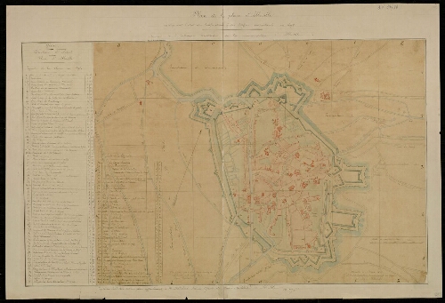 Plan de la place d'Abbeville indiquant l'état des fortifications et des édifices importants en 1698. Annexé à l'historique militaire de la circonscription d'Abbeville. Signé Warnier, le chef de bataillon, commandant du Génie, Abbeville le 18 mai 1867.

