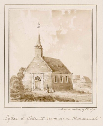 Église d'Étricourt, commune de Manancourt. - Aquarelle d’Oswald Macqueron, d'après nature, 19 octobre 1876. - Nota : en 1925, la commune est renommée Étricourt-Manancourt.