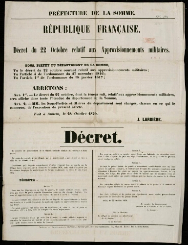 Affiche 1870-1871 : Préfecture de la Somme : République française : Décret du 22 Octobre relatif aux approvisionnements militaires.