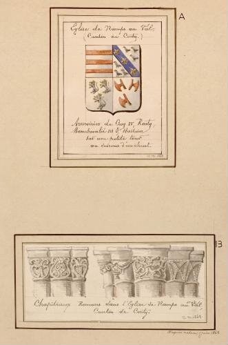 A) Eglise de Namps-au-Val (canton de Conty) : armoiries de Croy IV, Renty, Mauchevalié III et Halluin, sur une petite tour au-dessus d’un Christ. - Aquarelle d’Oswald Macqueron O.M., 1868. B) Chapiteaux romans dans l'église de Namps-au-Val, canton de Conty. - Aquarelle d’Oswald Macqueron, d'après nature, 1 juin 1868. Signé O.M., 1868. - Nota : Namps-au-Val est une ancienne commune française de la Somme qui fusionna administrativement avec 3 autres : Namps-au-Mont, Taisnil et Rumaisnil pour constituer Namps-Maisnil le 28 décembre 1972.