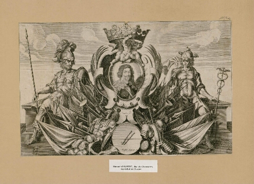 Honoré d'Albert, duc de Chevreuse, maréchal de France. Portrait entouré des dieux Arès (?) et Hermès et surmonté de trois angelots tenant une couronne. Au sol, équipement de Guerre. - M. Lasne, fecit et ex.