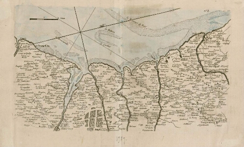 Carte du littoral entre Eu et Boulogne figurant les embouchures de la Liane, de la Canche, de l'Authie, de la Maye de la Somme et de la Bresle.